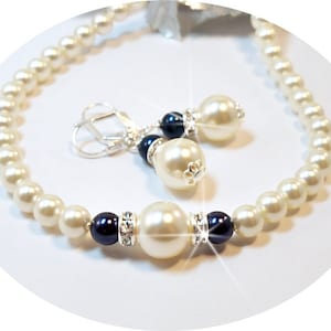 Navy Blue Necklace and Earrings, Wedding Jewelry, Bridesmaid Jewelry, Pearl Jewelry Set, Blue, White, Dark Blue, Mother of the Groom