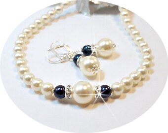 Navy Blue Necklace and Earrings, Wedding Jewelry, Bridesmaid Jewelry, Pearl Jewelry Set, Blue, White, Dark Blue, Mother of the Groom