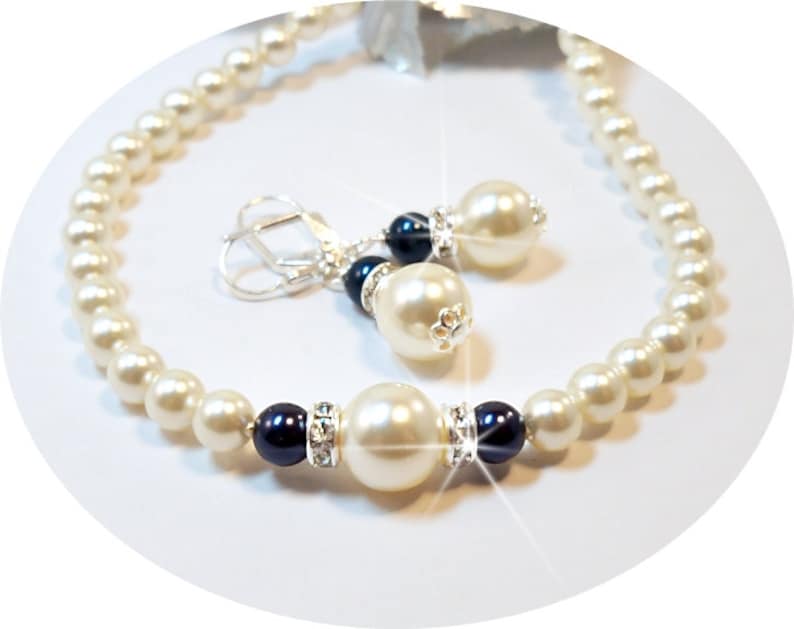 Navy Blue Necklace and Earrings Ivory Bridesmaid Jewelry Blue Pearl Jewelry Set Dark Blue Wedding Jewelry Mother of the Groom