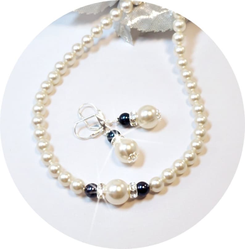 Navy Blue Necklace and Earrings Ivory Bridesmaid Jewelry Blue Pearl Jewelry Set Dark Blue Wedding Jewelry Mother of the Groom