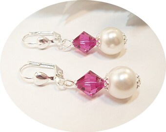 Earrings, Fuchsia Earrings, Hot Pink, Bridesmaid Earrings, Wedding Jewelry, Bridesmaid Gift, Pink, Bridal Jewelry, Pearl and Crystal
