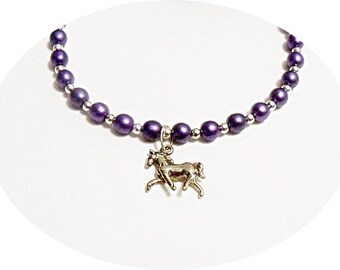 Horse Necklace, Purple Necklace with Horse, Girls Horse Necklace, Kids Equestrian, Horse Show Jewelry, Running Horse Necklace Jewelry,