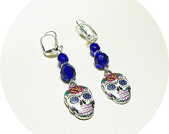 Blue Skull Earrings, Day of the Dead Earrings, Skull Earrings, Sugar Skull Blue, Skull Dangle Earrings, Sugar Skull Dangle Earrings