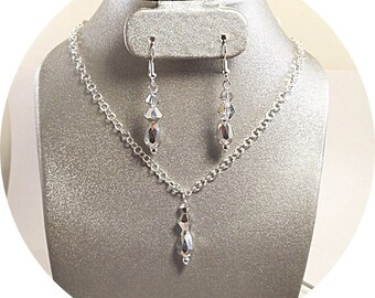Dressy Jewelry Set, Clear Crystal and Silver, Bridesmaid Jewelry Set, Dressy Pendant and Earrings, Mother of the Bride, Mother of the Groom
