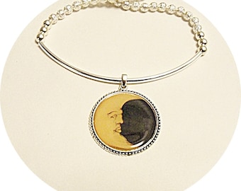 Moon Necklace, Man in the Moon Pendant, Silver Bar Necklace with Moon, Beaded Silver Necklace,Moon Lover Jewelry