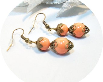 Earrings, Coral Earrings, Antique Bronze, Dangle Earrings, Coral Pearls, Orange Earrings, Bridesmaid Jewelry, Orange Pearls