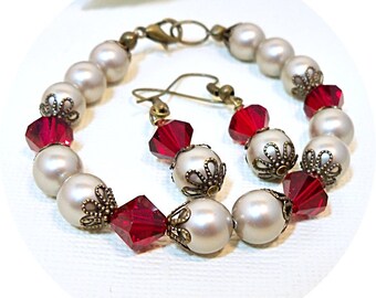 Red and Platinum, Bridesmaid Gift,Bracelet Earrings, Earrings Bracelet, Jewelry Set, Pearls and Crystals Bridesmaid Jewelry, Holiday Jewelry