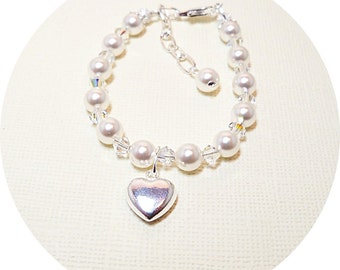 Little Girl Heart Charm Bracelet, Flower Girl Bracelet, Heart Jewelry, Toddler Girl Jewelry, Girl Birthday Gift,  Pearl Bracelet