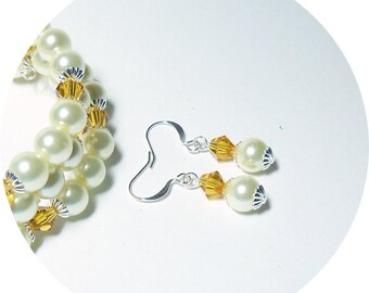 Ivory and Yellow Earrings, Bridesmaid Gift, Bridesmaid Jewelry, Ivory and Topaz Earrings, Dangle Earring, Pearl Crystal, November Birthstone