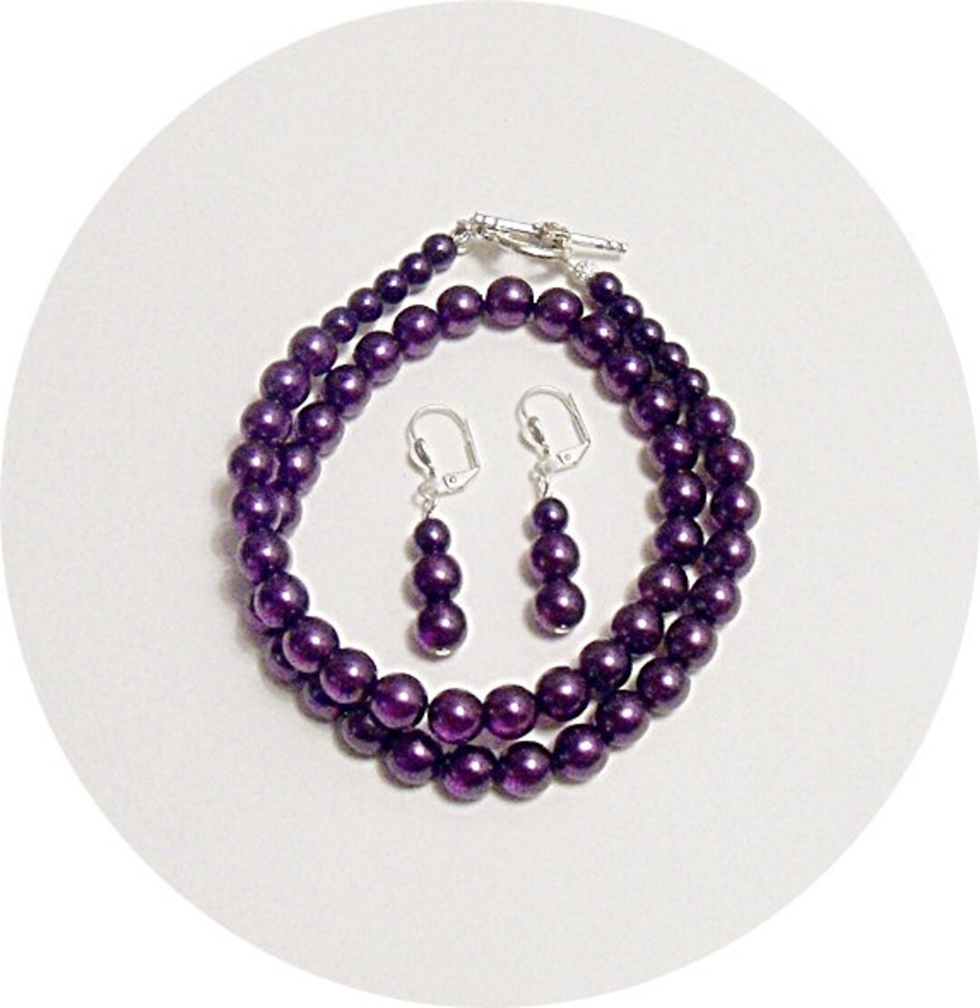 Dark Purple Jewelry Set, Necklace Earrings, Royal Purple, Pearl Jewelry