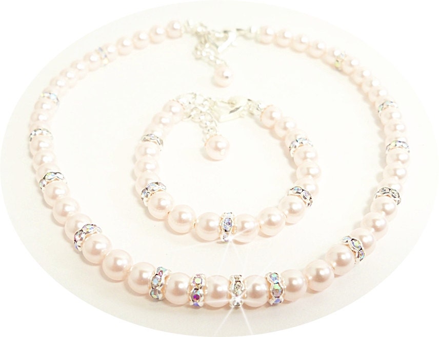 Girls Necklace and Bracelet Set, Pink Pearl, Rhinestones, Flower Girl ...
