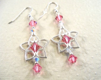 Pendientes de cristal rosa, pendientes de estrella, pendientes colgantes rosas, pendientes de cristal, joyas rosas, novia rosa, madre de la novia, rosa rosa