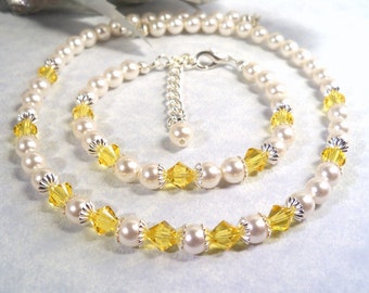 Bracelet jaune de collier, bijoux pour enfants, bijoux de perles, bijoux de fille de fleur, robe, anniversaire, enfant en bas âge, Topaz, pierre de naissance de novembre