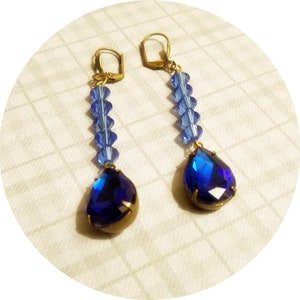 Sapphire Blue Earrings, Dark Blue Earrings, Blue Drop Earrings, Brass and Glass Earrings, Royal Blue Earrings, Rustic Earrings, Deep Blue