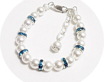 Pearl Bracelet for Little Girl, Dark Turquoise and White, Flower Girl Bracelet, December Birthday Jewelry, Girls Pearl Jewelry, Toddler Girl