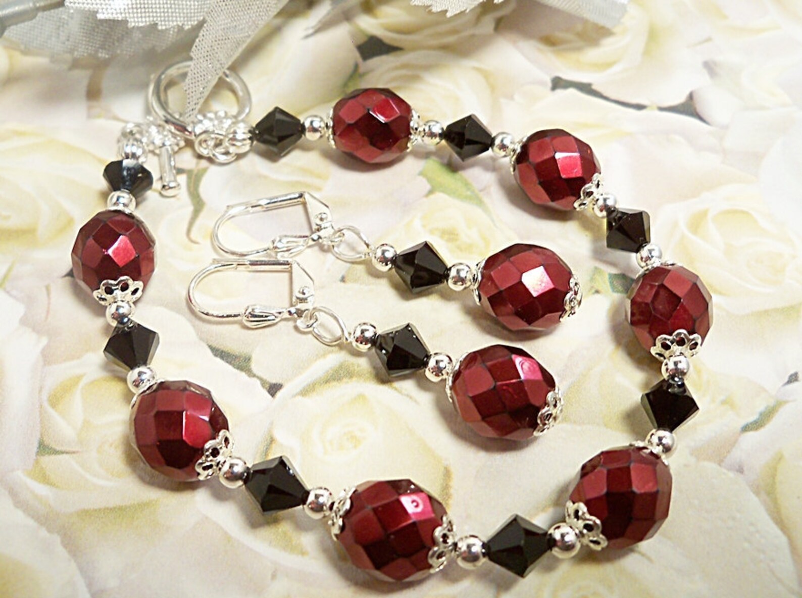 Red and Black, Bracelet and Earrings, Bridesmaid, Wedding Accessories