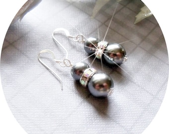 Dark Gray Dressy Earrings, Gray Pearl Earrings, Pearl and Rhinestone Earrings, Mother of the Groom, Bridal Gray, Pearl Earrings Gray