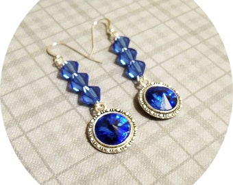 Blue Earrings, Sapphire Blue Earrings, Bridesmaid Earrings, Blue Dangle Earrings, Bridal Accessories, Rivoli Crystals, Blue and Silver