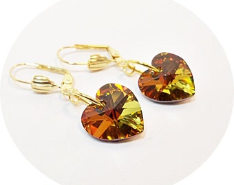 Earrings, Crystal, Orange, Yellow, Green, Sparkly, Dangle, Heart, Gold, Autumn Fashion
