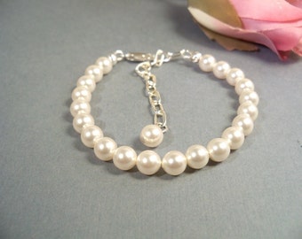 Pulsera de perlas blancas para niñas, pulsera de perlas, niña de flores, joyas para niños, pulsera para niños pequeños, pulsera para niñas
