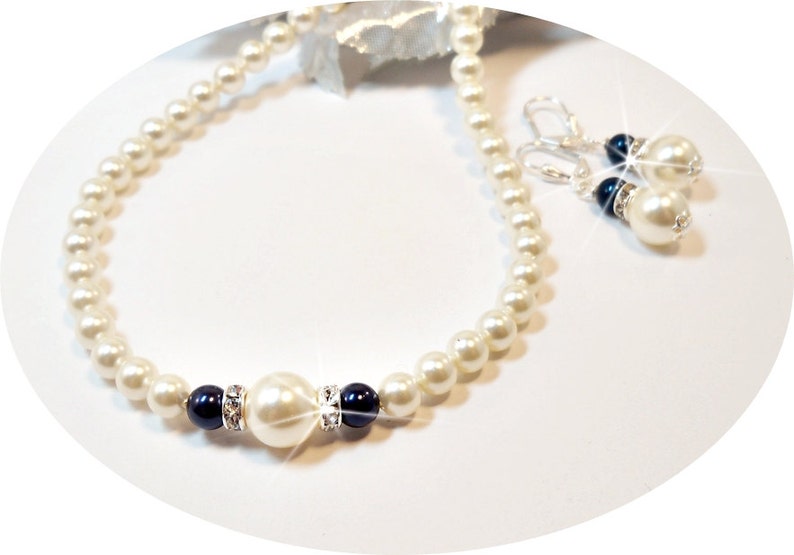 Navy Blue Necklace and Earrings Ivory Bridesmaid Jewelry Blue Pearl Jewelry Set Dark Blue Wedding Jewelry Mother of the Groom