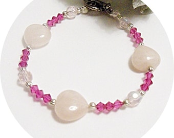 Rose Quartz Bracelet, Recycled Retro Bracelet, Pink Bracelet, Mothers Day Gift, Rose Pink Jewelry, Rose Quartz and Crystals, Gift for Her