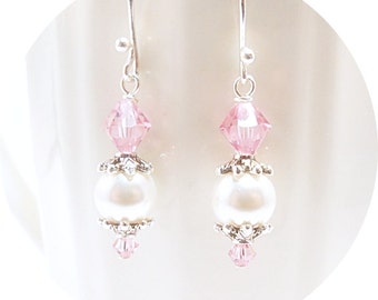Pink Earrings. Pink Bridesmaid Earrings, Pink Wedding, Bridal Accessories, Mother of the Bride Earrings, Crystal Pearl, Dangle Earrings