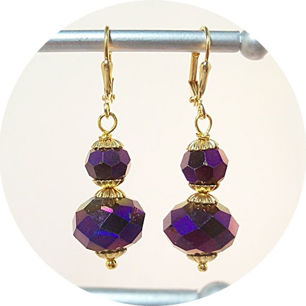 Purple Earrings, Dark Purple, Bridesmaid Earrings, Holiday Earrings, Purple and Gold, Dangle Earrings,Purple Wedding, Bridal Accessories