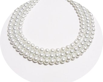 3 Strand Pearl Necklace, White Bridal Pearls, Pearl Necklace, Choker Pearls, 17 and 18 Inches Long, Classic Pearls