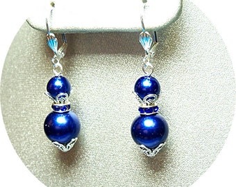 Dark Blue Earrings, Pearl Dangle Earrings, Mother of the Groom, Bridesmaid Jewelry, Bridesmaid Gift, Holiday Earrings, Navy Blue