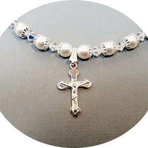 Bridal Crucifix, First Communion Cross, Confirmation, Sterling Silver Crucifix with Pearls and Crystals, Religious Jewelry, Sign of Faith