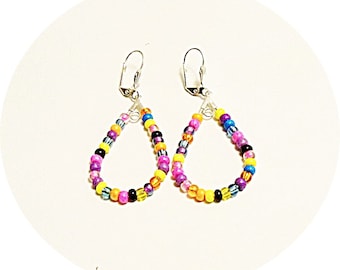 Earrings, Multicolored Beaded Earrings. Mardi Gras Earrings, Dangle Spring and Summer Earrings, Seed Bead Earrings, Teardrop Earrings