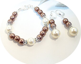 Brown and Ivory Jewelry, Bracelet and Earrings, Bridesmaid Jewelry, Bridal Accessories, Bridesmaid Gift, Wedding Jewelry, Mocha Jewelry