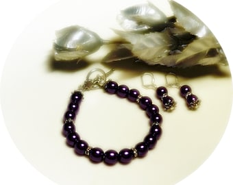 Purple Bracelet and Earring Set, Pearls, Dark Purple