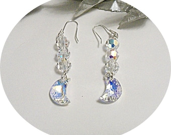 Crystal Moon Earrings, Sparkly Moon Dangle Earrings, Party, Dressy Moons, Moon Lover Jewelry, Bridal Earrings