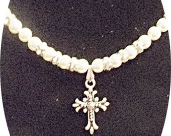 Cross Necklace, Christian Jewelry, Girls Cross Necklace, Cross Pearl Necklace, Pearl and Rhinestone Cross Necklace, Toddler Necklace