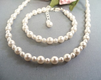 Conjunto de collar y pulsera de perlas para niñas, conjunto de joyas para niñas pequeñas, elegante, cumpleaños, primeras perlas, niña de las flores, joyas para niños, madre e hija