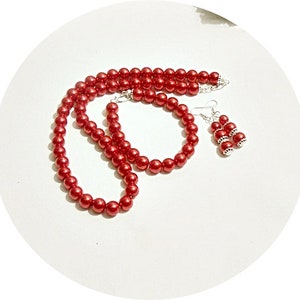 Conjunto de joias vermelho brilhante, conjunto de joias para o Dia dos Namorados, vermelho natalino, conjunto de joias para festas, casamento vermelho, madrinha vermelha, joias vermelhas, pérolas vermelhas