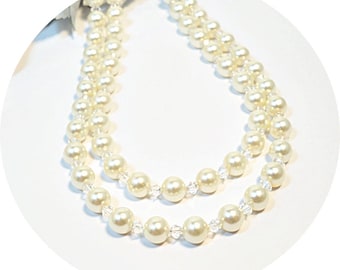 Pearl Necklace, Double Strand Pearl Necklace, 2 Strand, Wedding Pearls, Bridal Pearls, Ivory Pearls  Crystal Accent and Pearls Dressy Pearls