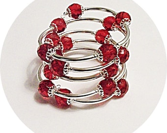 Red and Silver Wrap Bracelet, Memory Wire, Ruby Red Cuff Bracelet, Wide Wrist Cuff, One Size Fits Most, Easy on and Off Bracelet