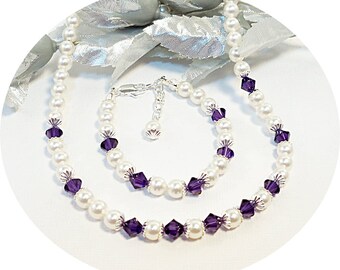 Dark Purple Necklace and Bracelet, Flower Girl, Lapis, Pearl Jewelry, Toddler Jewelry, Kids Jewelry,  Purple Necklace, Purple Bracelet