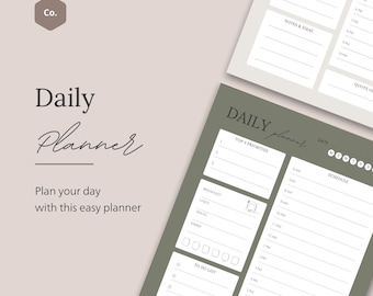 Peut inclure: Deux pages de planificateur quotidien au design minimaliste. Le planificateur principal est vert olive avec du texte blanc et des sections pour les principales priorités, l'emploi du temps et les notes. Le texte indique "Daily Planner".