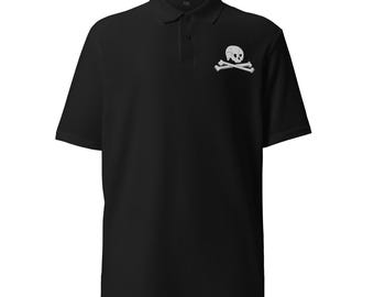 May include: A black polo shirt with a white skull and crossbones design on the left chest.