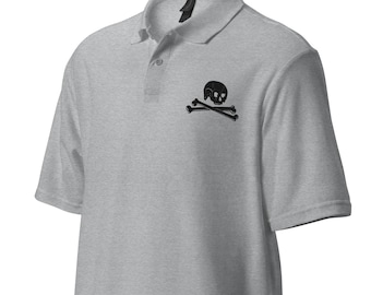 May include: A gray polo shirt with a black skull and crossbones design on the left chest.