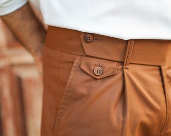 Handmade Brown Gurkha Pant Men - Brown High Waist Gurkha Trouser - Double Button Adjustable Buckle Pants - Men Semi-Formal Pleated Trouser