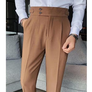 Handmade Men Brown Italian Gurkha Pant - Formal High Waist Pants Trouser - Adjustable Buckle Pleated Waist Pants