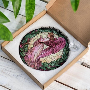 Stained Glass Pink Angel Suncatcher | Window Hanging for Home Decor & Gifts | Elegant Glass Art with Chain | Christian Gift Idea Anniversary