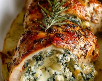 Receta de rollitos de pollo rellenos (PDF) / Tarjeta de receta imprimible de espinacas cremosas con queso / Descarga digital