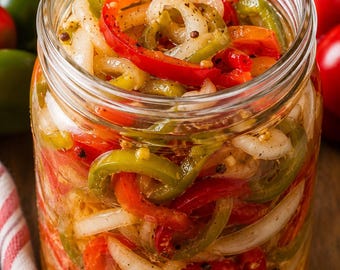 Receta en PDF de salsa de pimientos y cebollas encurtidas / Conservas caseras fáciles / Condimento rústico clásico