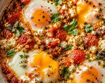 Baked Feta Eggs Recipe PDF | Printable Herbs & Tomatoes Breakfast Recipe Card | Digital Download